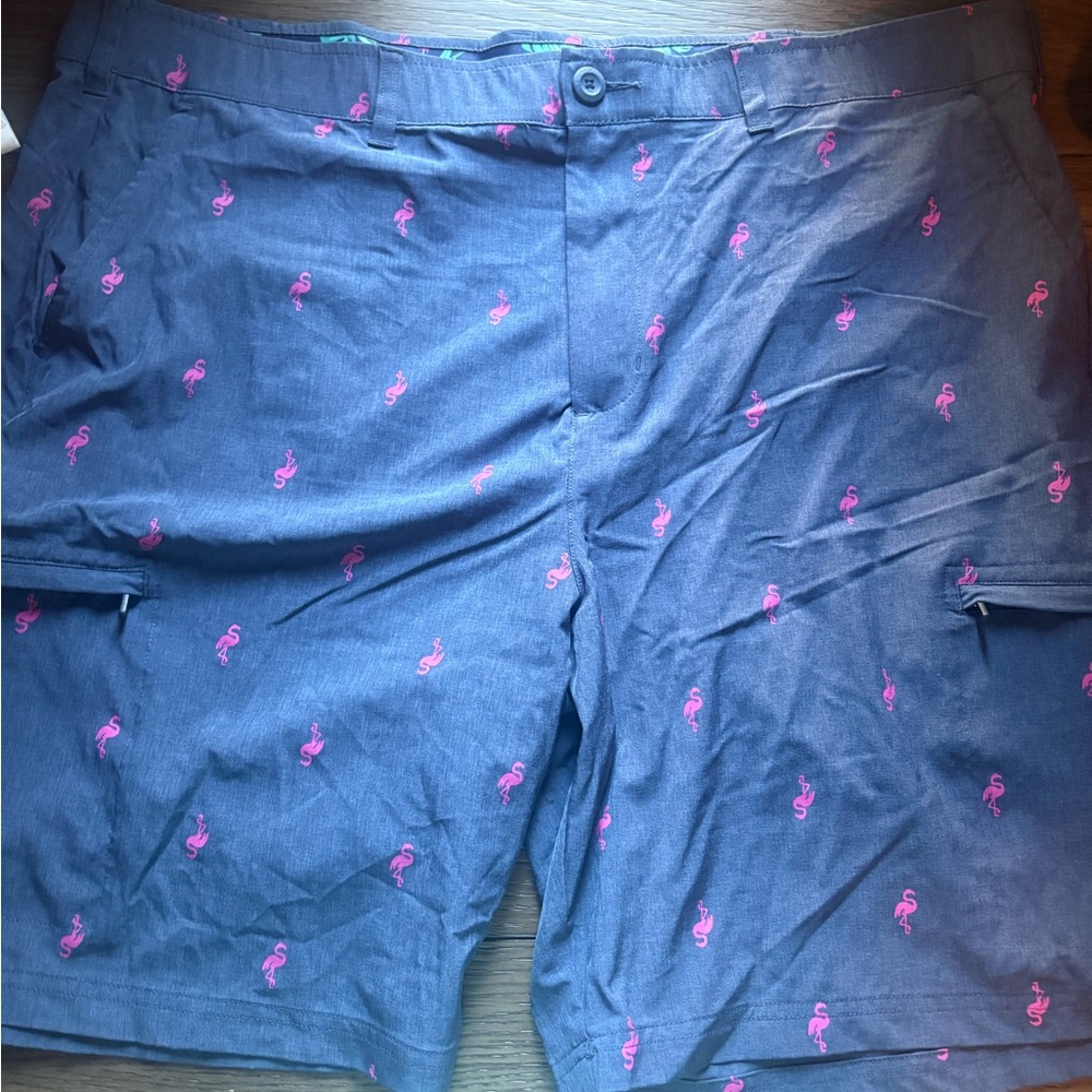Men's Gray Cargo Shorts with Pink Flamingo Print